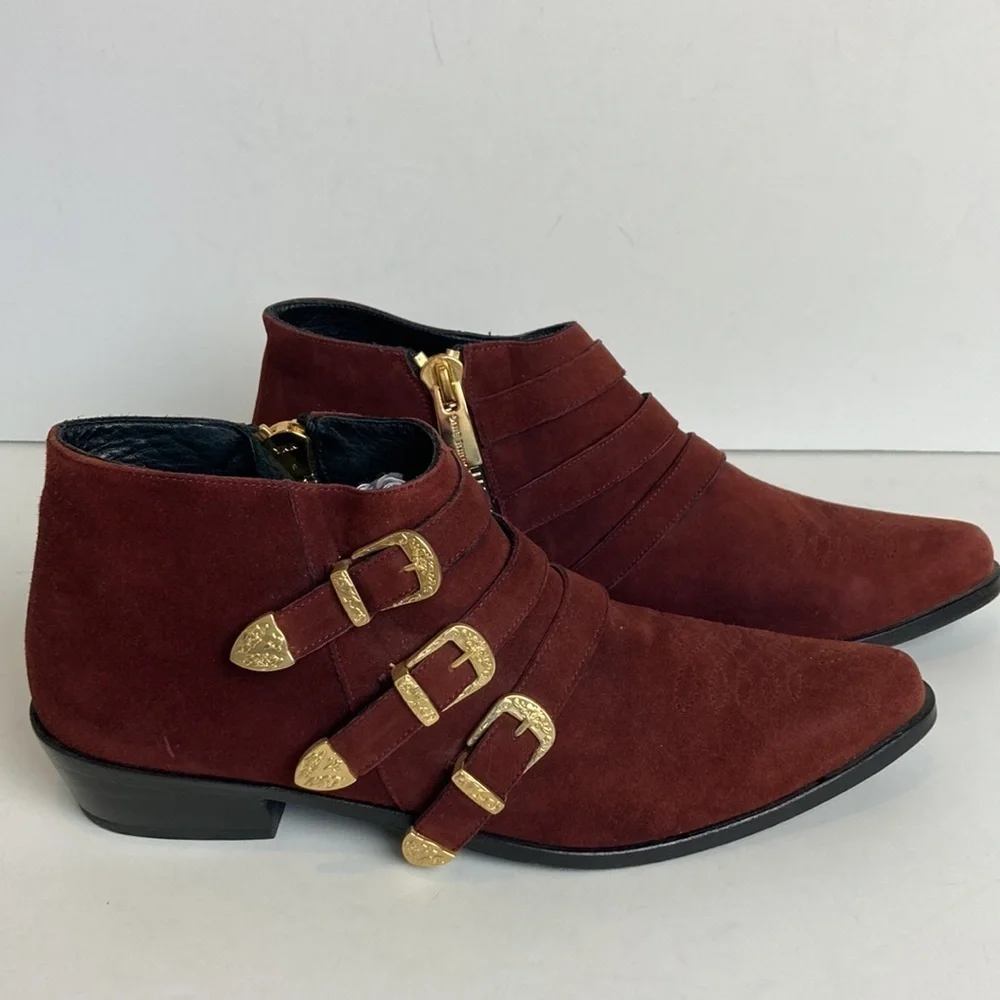 Anine Bing Witchy Western Emma Boots Burgundy Gold Triple Buckle Luxury Cowboy - Picture 3 of 16